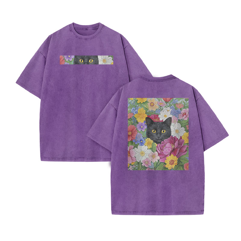 A Black Cat In A Field Of Colorful Flowers Print Acid Washed T-shirt - Purple - US20-22(3XL) - image 9