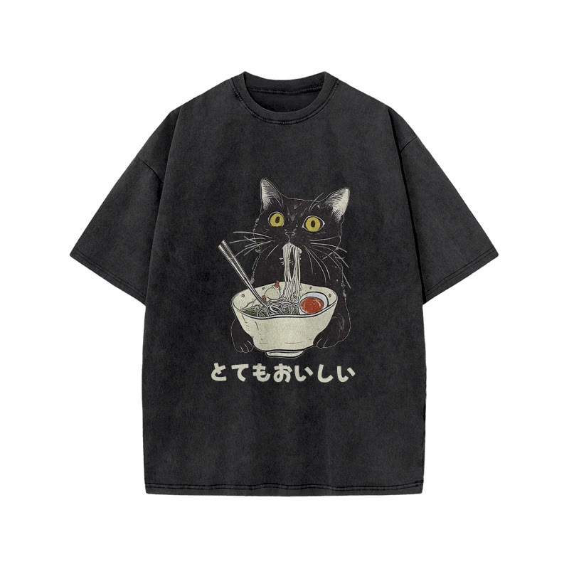 Unisex 100% Cotton Cats Eat Ramen Noodles Vintage Print Acid Washed T-shirt - Black - 3XL - image 5