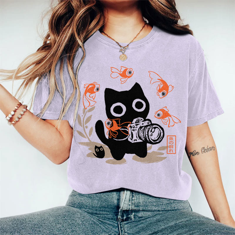 100% Cotton Women's  Japanese Fish & Black Cat With Camera Art Print Casual T-shirt - Purple - 2XL - image 4