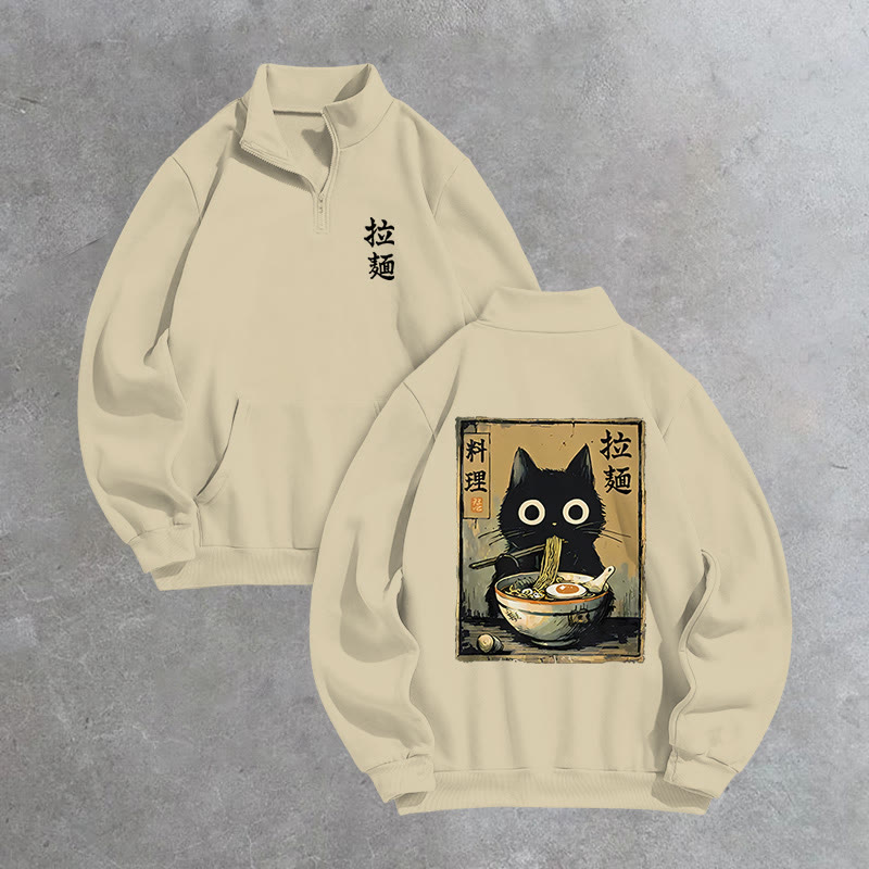 Unisex Cute Black Cat Eating Ramen Japan Classic Print Zip Sweatshirt - Apricot - US16-18(2XL) - image 3