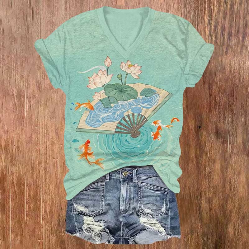 Creative Lotus Goldfish Pond Fan Art Print V-neck T-shirt - Green - US32-34(5XL) - image 2