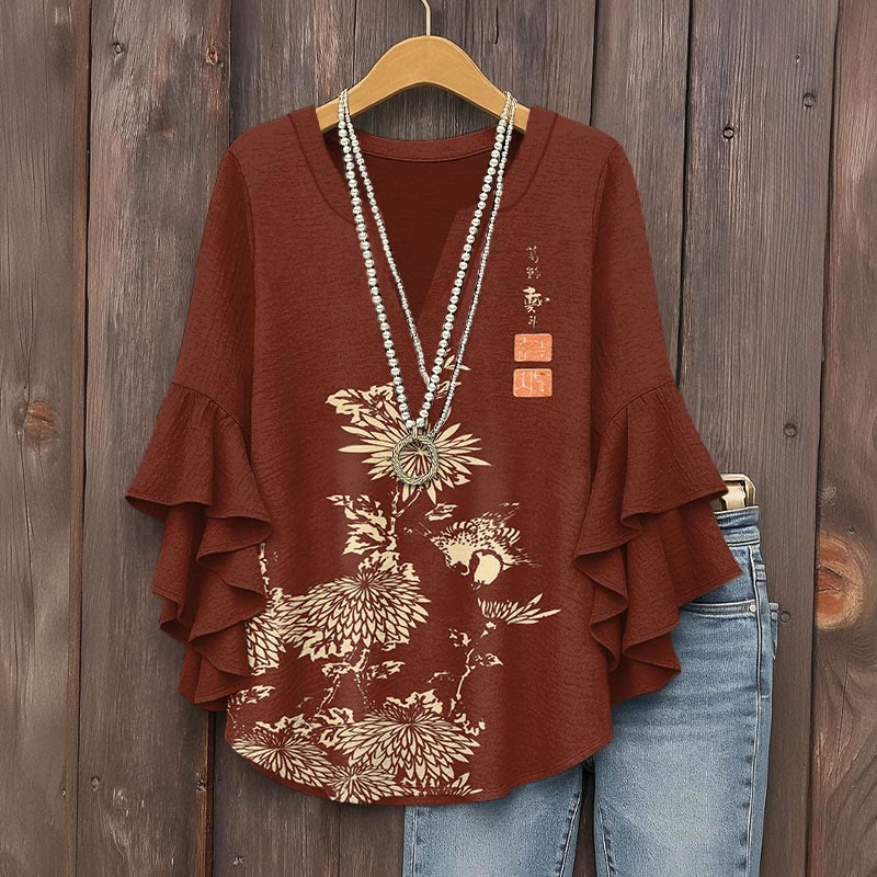 Vintage Chrysanthemum Print V-neck Half Sleeve Blouse - Red - 5XL - image 3