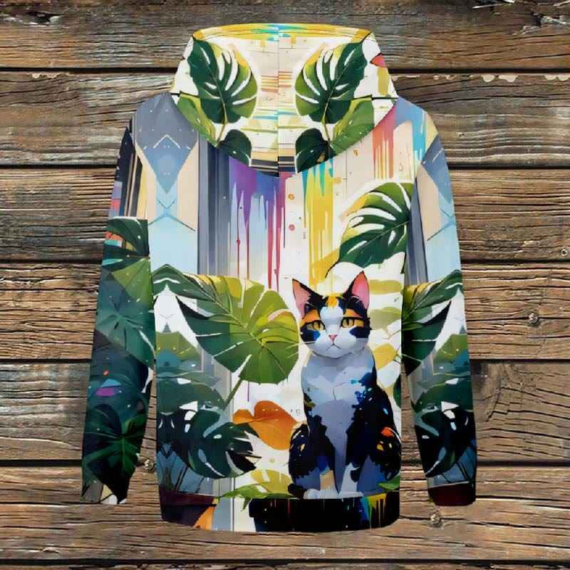 Women's Oil Painting Cartoon Cat With Plants Print Fleece Jacket - image 3