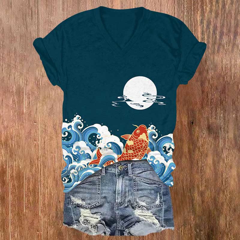 Japanese Vintage Koi In The Ocean Wave Print V-neck T-shirt - Dark Blue - US32-34(5XL) - image 4