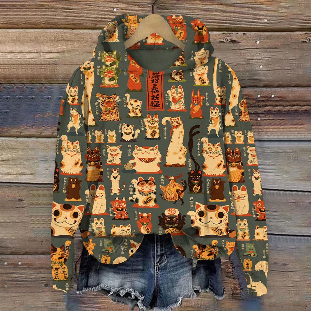 Japanese Cute Lucky Cat Print Hoodie