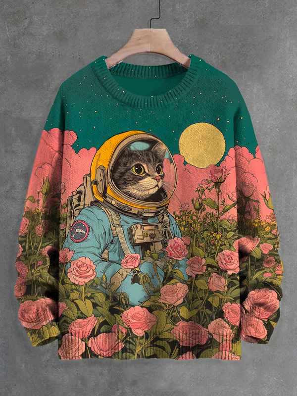 Men's Cat Astronaut In Outer Planet Rose Field Print Knit Sweatshirt