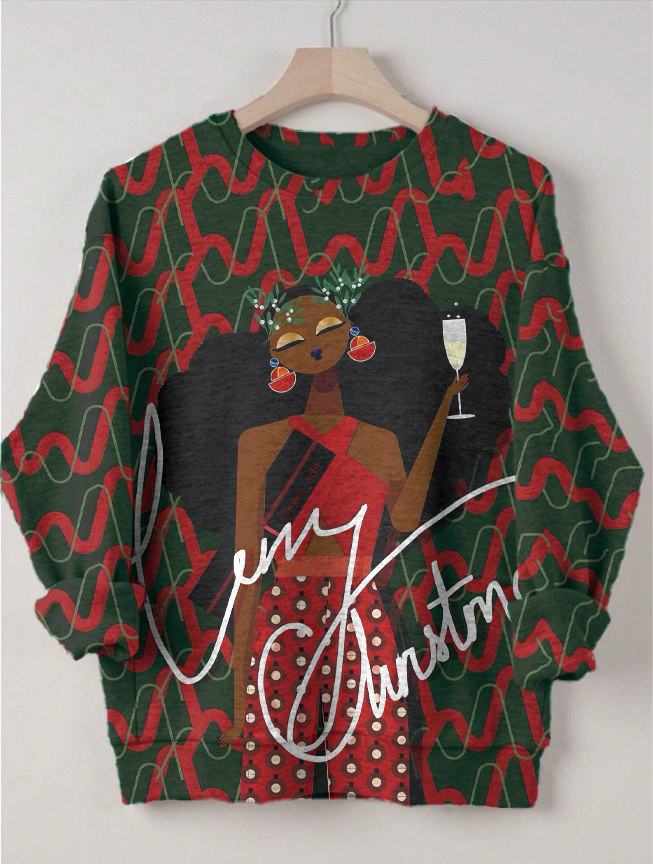 Women's Merry Christmas Black Girl Art Print Cozy Sweatshirt