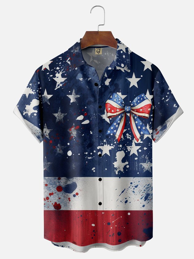 Moisture-wicking American Flag Bow Chest Pocket Casual Shirt