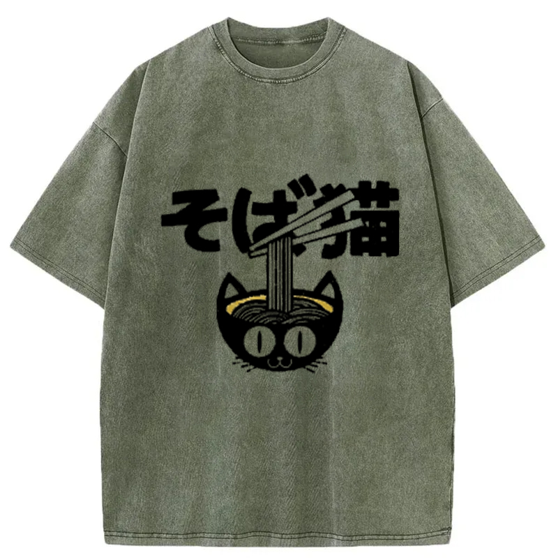 Cat Ramen Bowl Washed T-Shirt