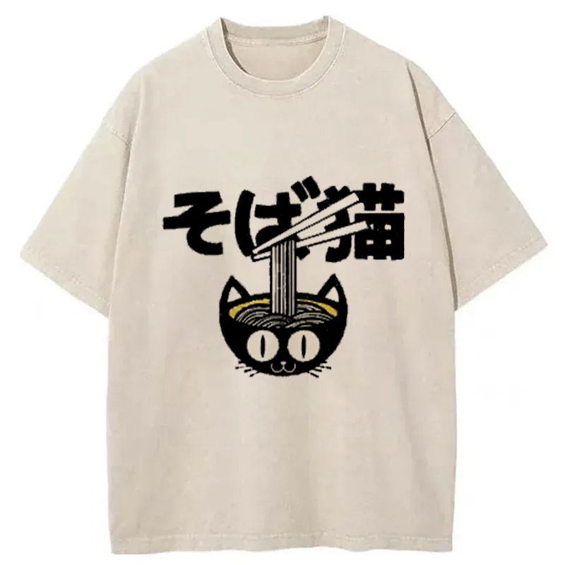 Cat Ramen Bowl Washed T-Shirt