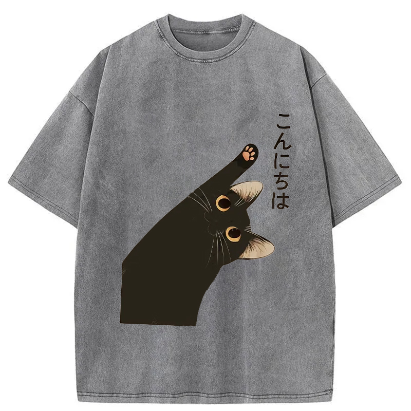 Tokyo-Tiger Cute Cat Saying Hello Washed T-Shirt
