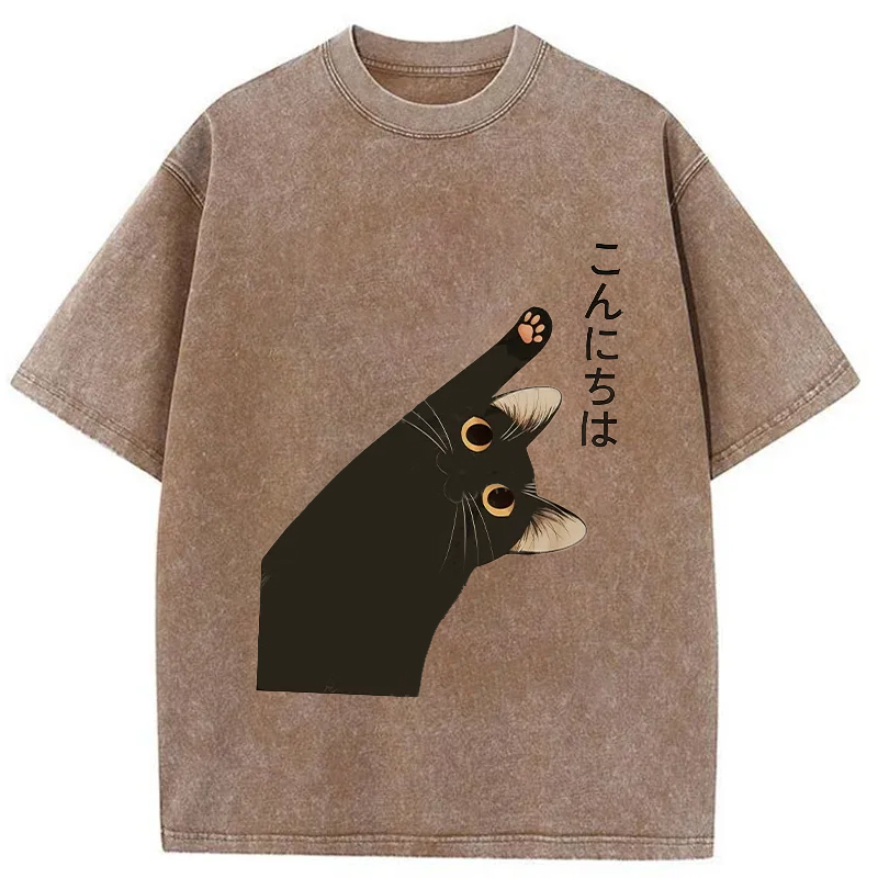 Tokyo-Tiger Cute Cat Saying Hello Washed T-Shirt