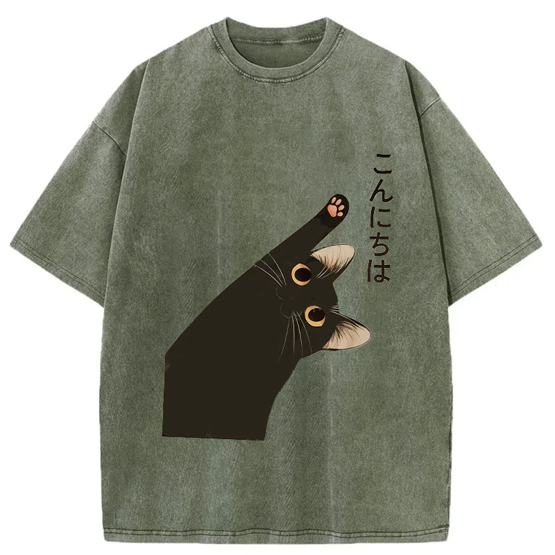 Tokyo-Tiger Cute Cat Saying Hello Washed T-Shirt