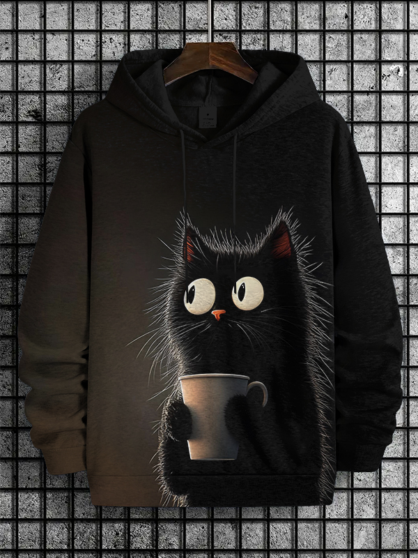 Men's Funny Plush  Black Cat With Coffee Print Casual Hoodie