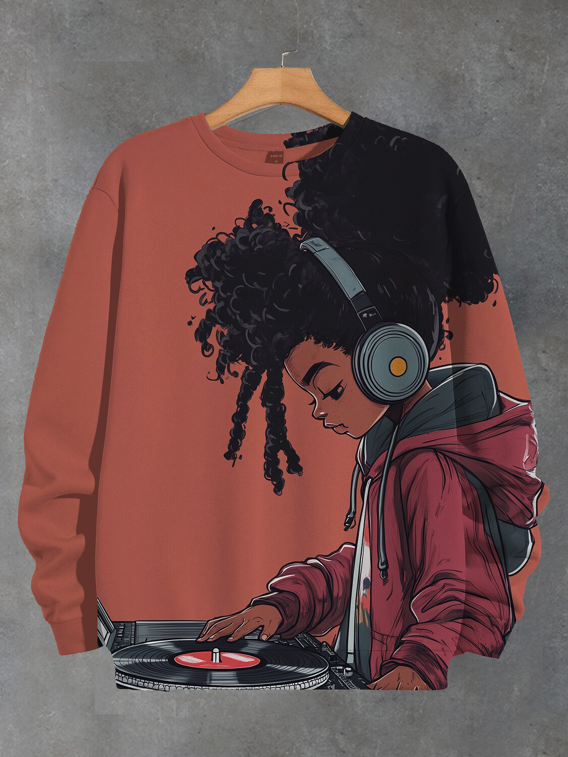 Women's Curly-Haired Black Girl With Headphones DJ Art Print Casual Sweatshirt