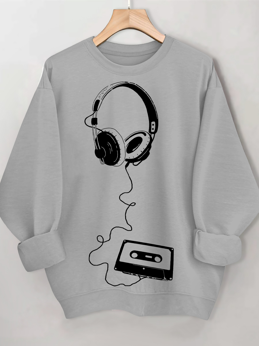 Women's Retro Headphones Music Cassette Art Print Cotton Casual Sweatshirt