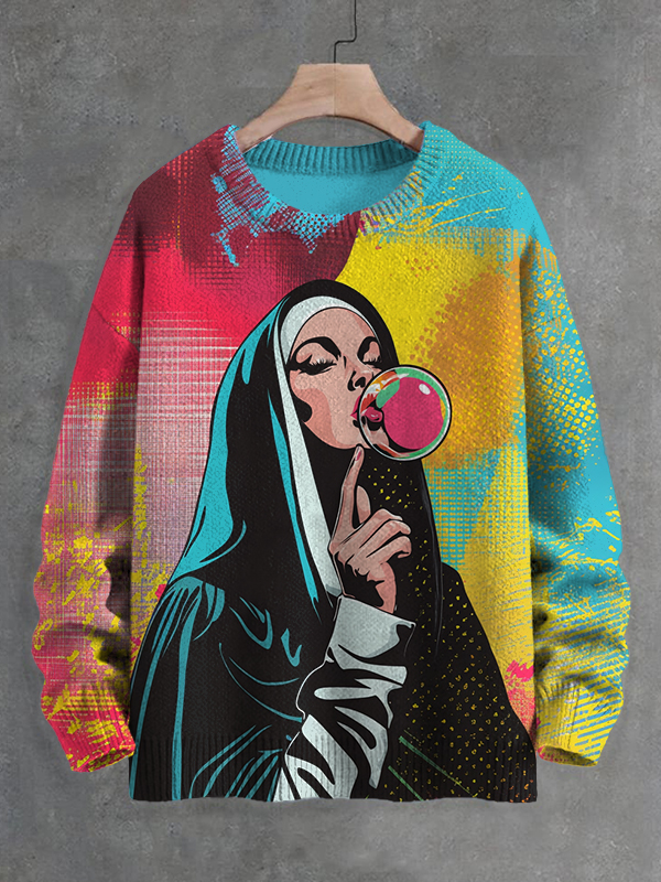 Men's Nun Blowing Bubble Gum Comic Art Print Knit Sweatshirt