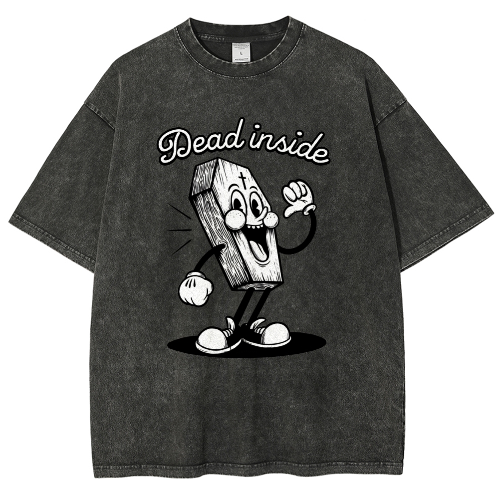 Dead Inside Cartoon Coffin Graphic Round Neck Washed T-Shirt
