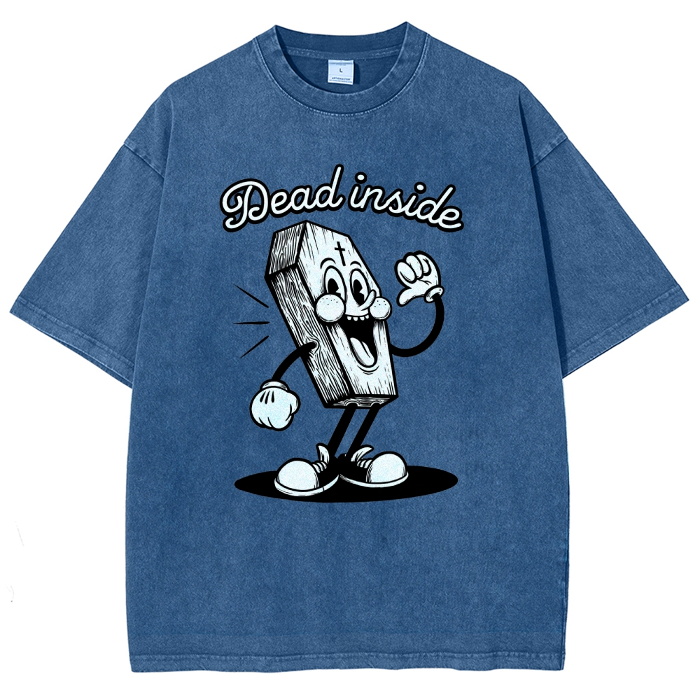 Dead Inside Cartoon Coffin Graphic Round Neck Washed T-Shirt
