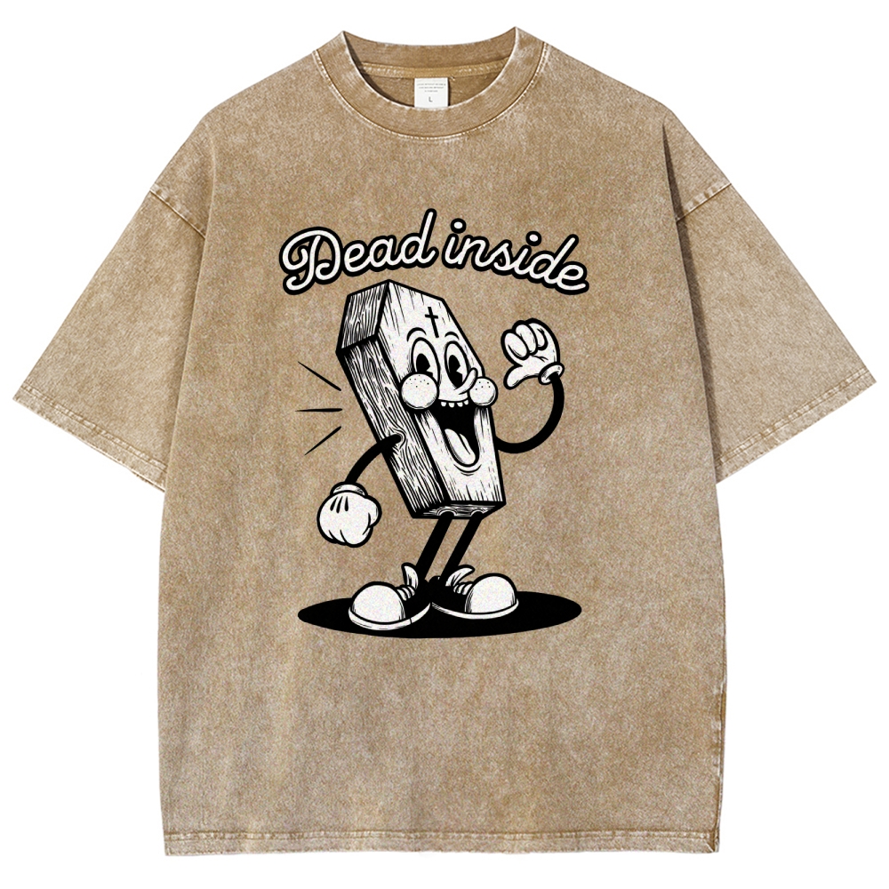 Dead Inside Cartoon Coffin Graphic Round Neck Washed T-Shirt
