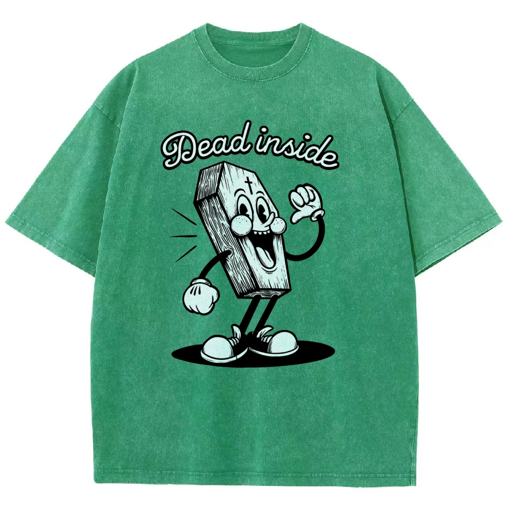 Dead Inside Cartoon Coffin Graphic Round Neck Washed T-Shirt