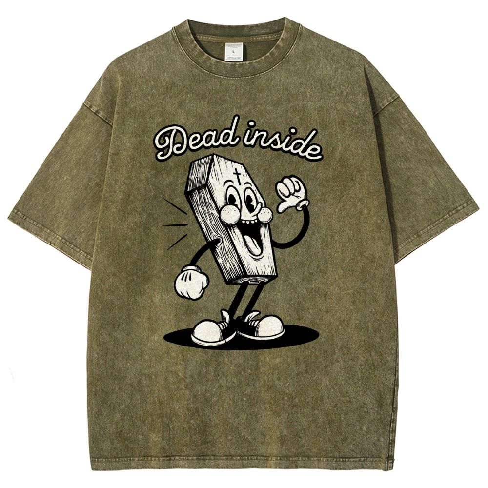 Dead Inside Cartoon Coffin Graphic Round Neck Washed T-Shirt