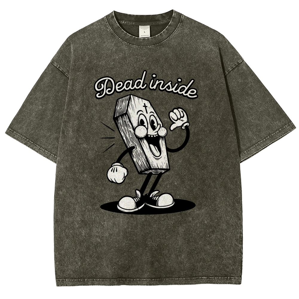 Dead Inside Cartoon Coffin Graphic Round Neck Washed T-Shirt