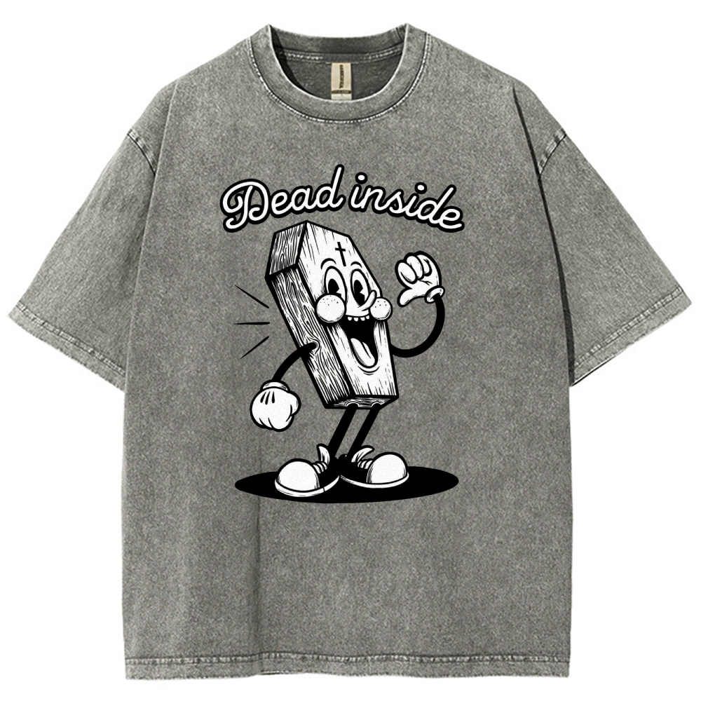 Dead Inside Cartoon Coffin Graphic Round Neck Washed T-Shirt