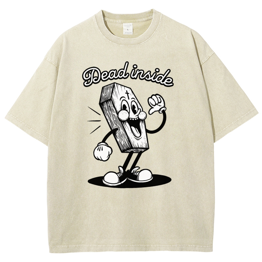 Dead Inside Cartoon Coffin Graphic Round Neck Washed T-Shirt