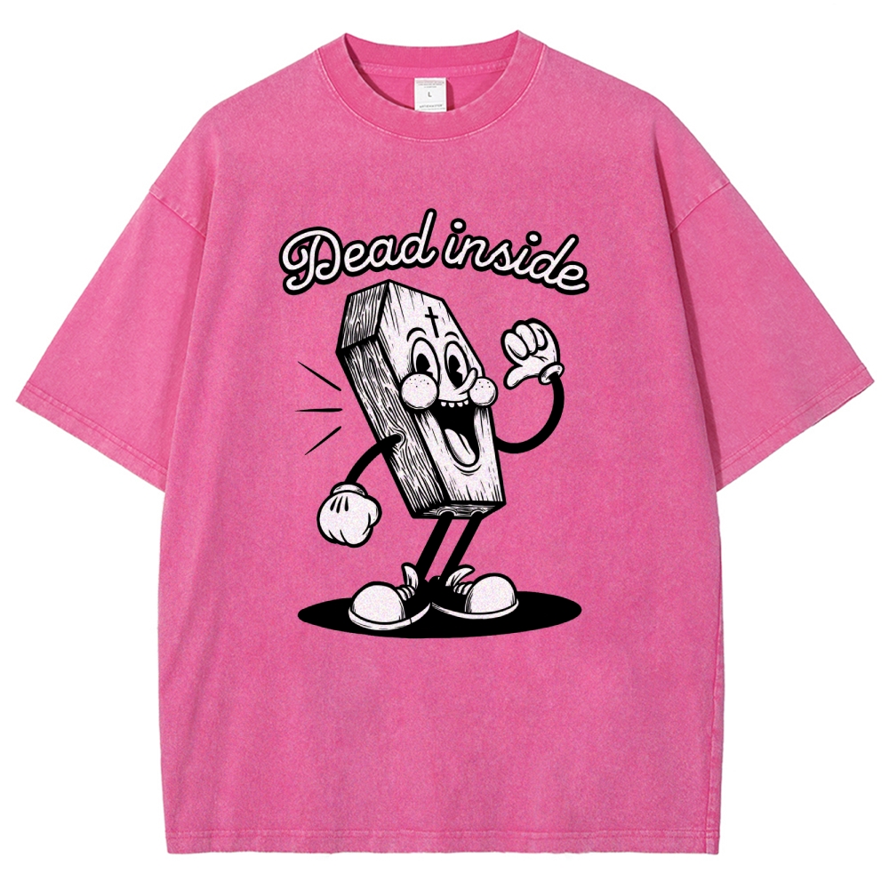 Dead Inside Cartoon Coffin Graphic Round Neck Washed T-Shirt