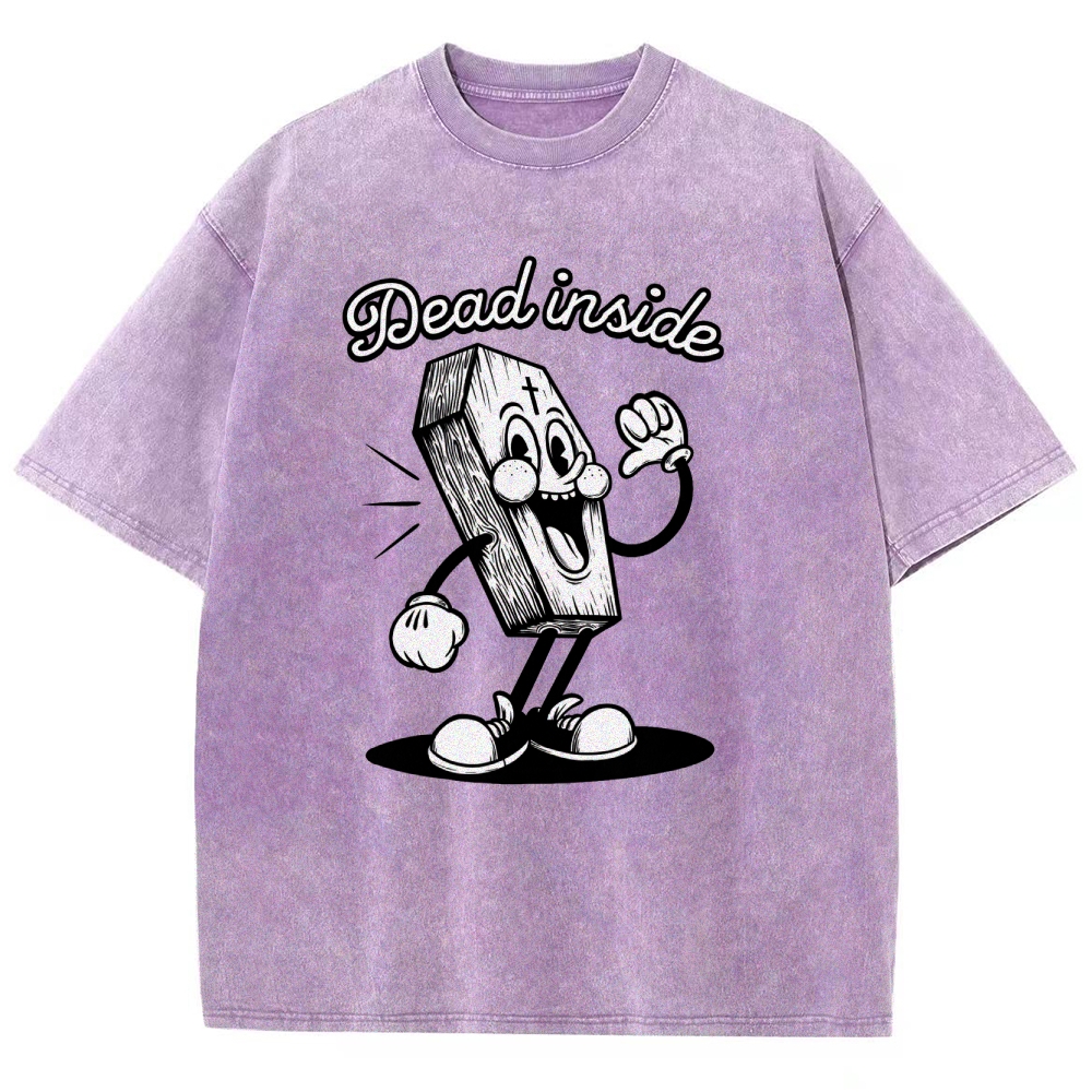Dead Inside Cartoon Coffin Graphic Round Neck Washed T-Shirt