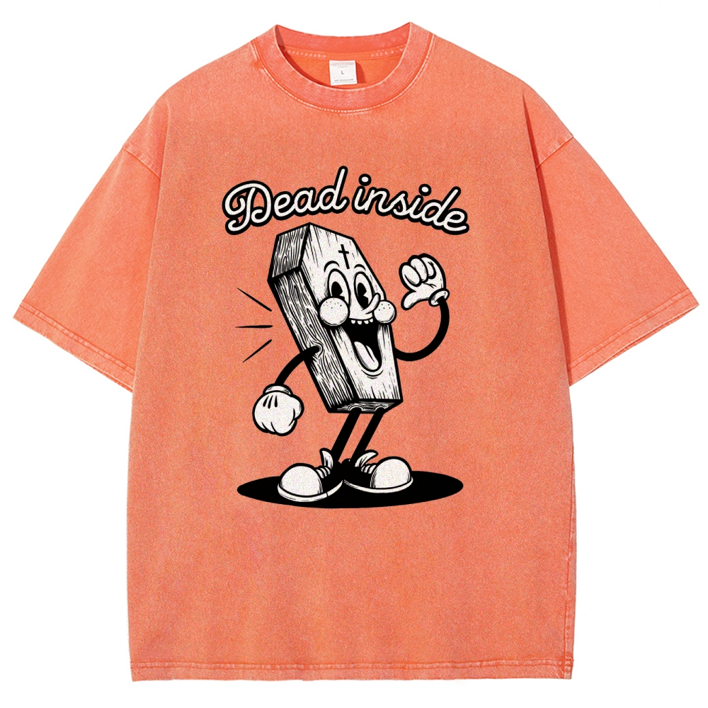 Dead Inside Cartoon Coffin Graphic Round Neck Washed T-Shirt