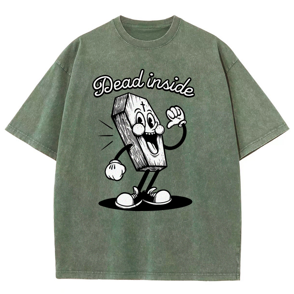 Dead Inside Cartoon Coffin Graphic Round Neck Washed T-Shirt