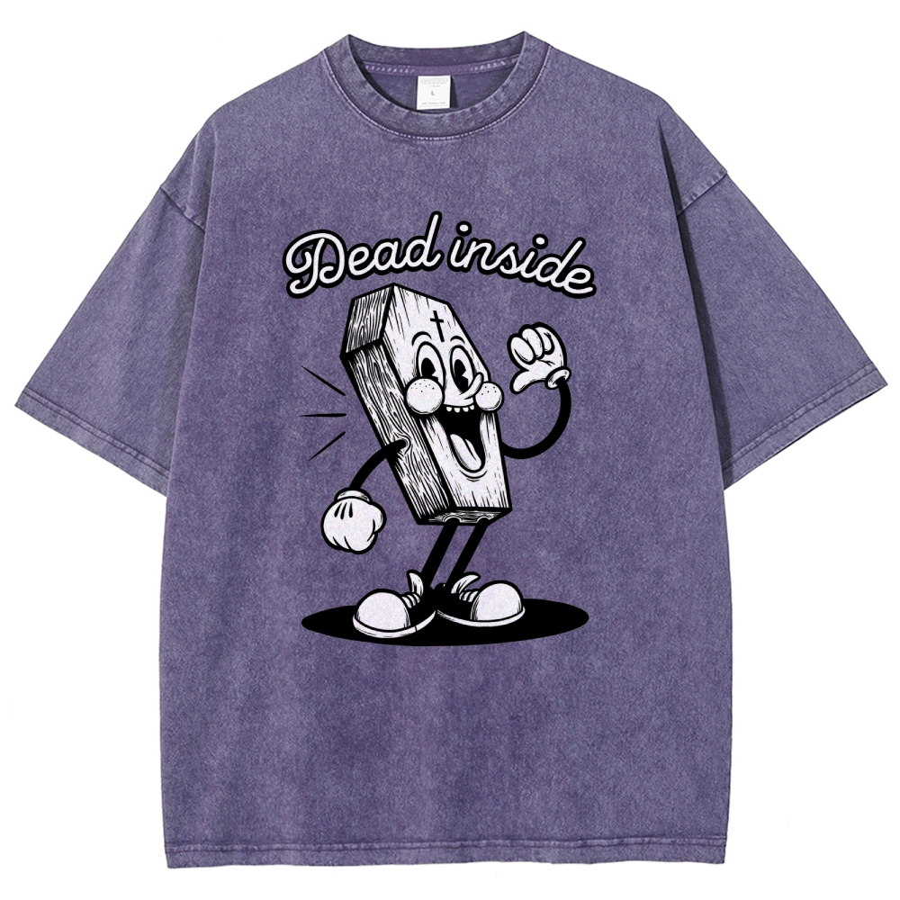 Dead Inside Cartoon Coffin Graphic Round Neck Washed T-Shirt
