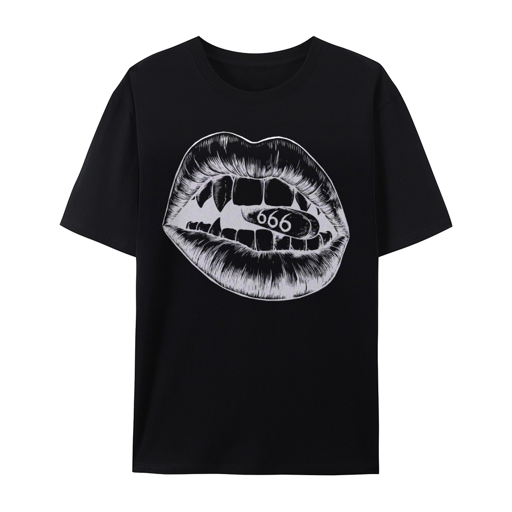 Gothic Lips and Pill Graphic Round Neck Cotton T-Shirt