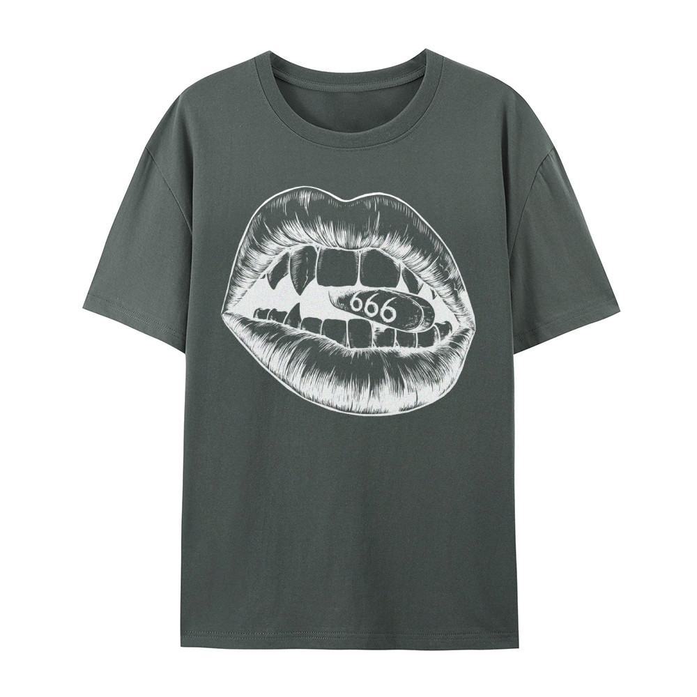 Gothic Lips and Pill Graphic Round Neck Cotton T-Shirt