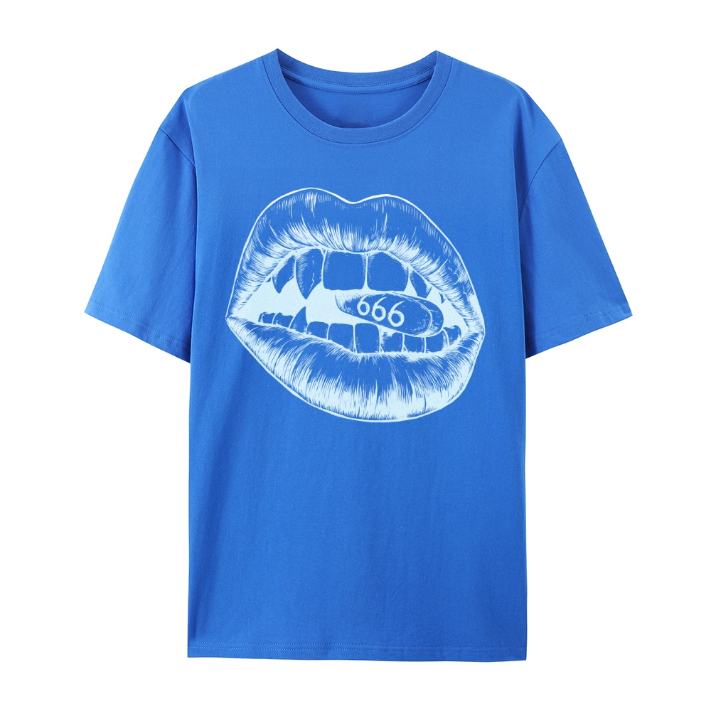 Gothic Lips and Pill Graphic Round Neck Cotton T-Shirt