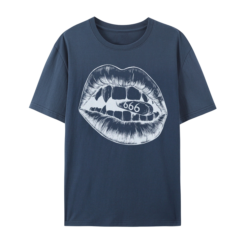 Gothic Lips and Pill Graphic Round Neck Cotton T-Shirt