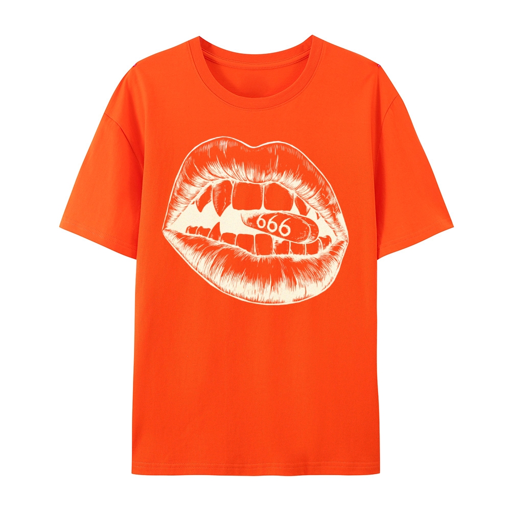 Gothic Lips and Pill Graphic Round Neck Cotton T-Shirt