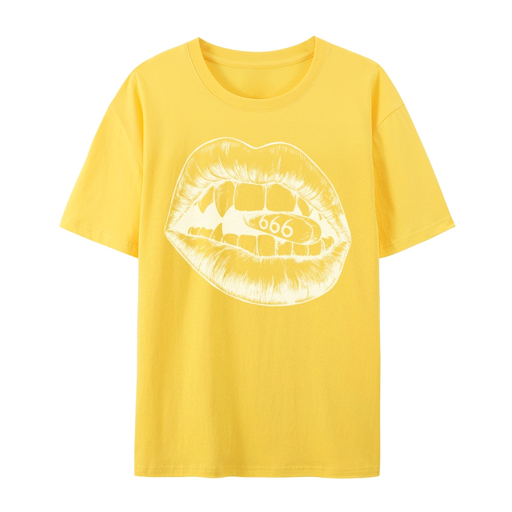 Gothic Lips and Pill Graphic Round Neck Cotton T-Shirt