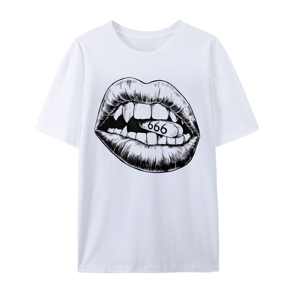 Gothic Lips and Pill Graphic Round Neck Cotton T-Shirt
