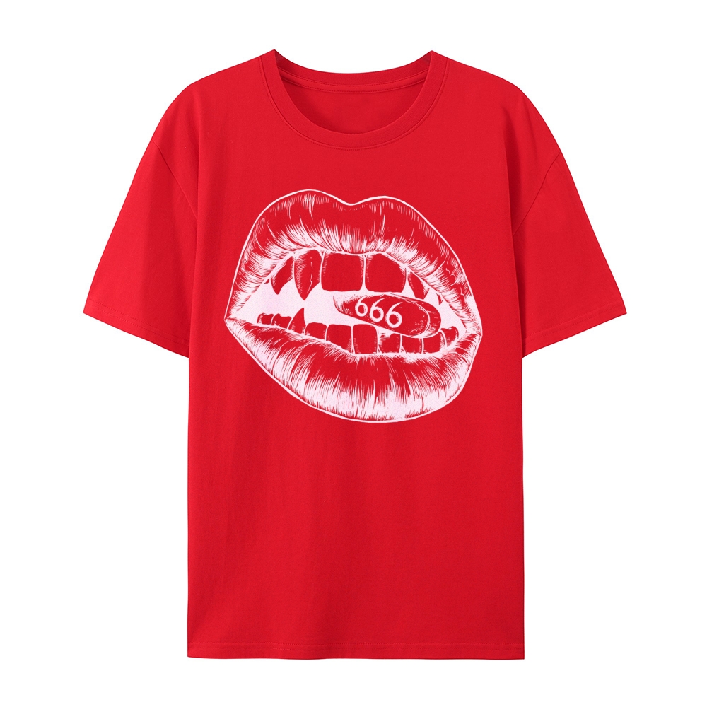 Gothic Lips and Pill Graphic Round Neck Cotton T-Shirt