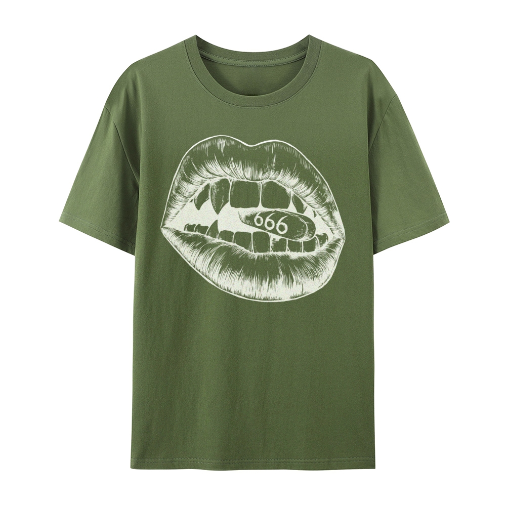 Gothic Lips and Pill Graphic Round Neck Cotton T-Shirt