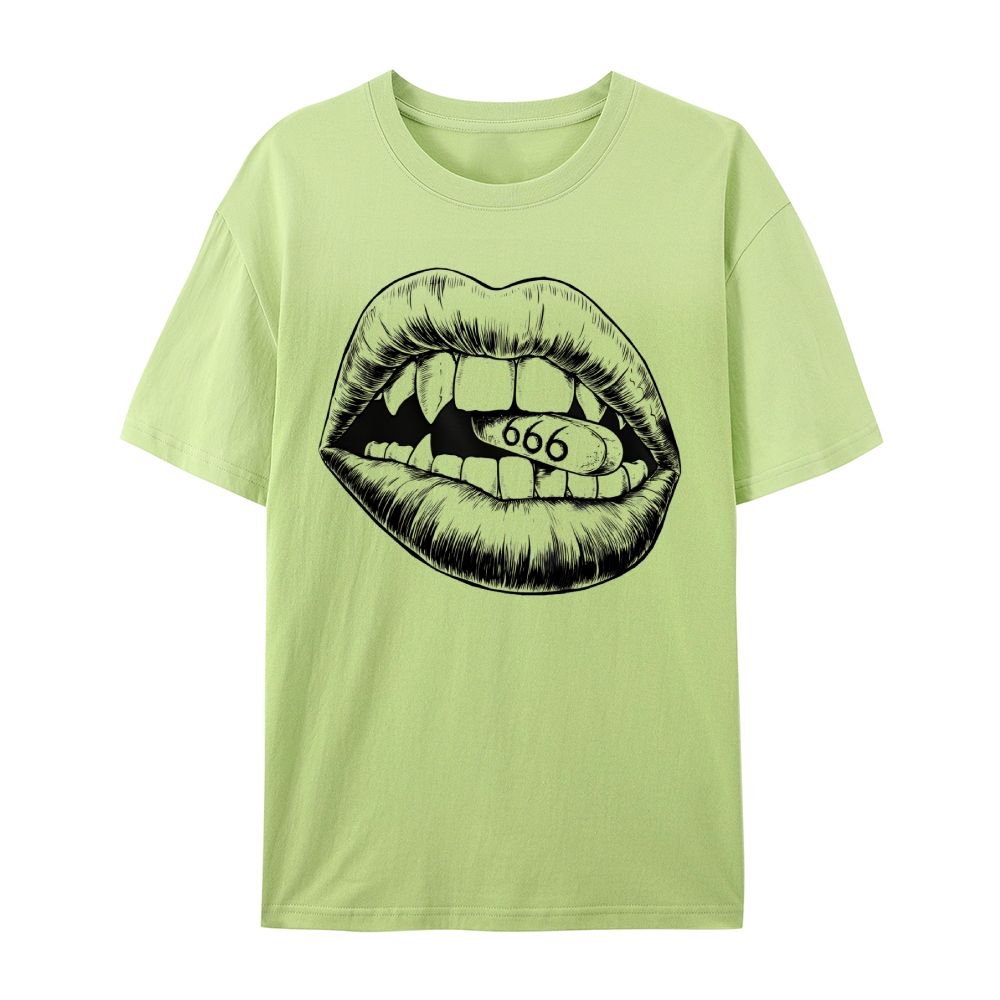 Gothic Lips and Pill Graphic Round Neck Cotton T-Shirt