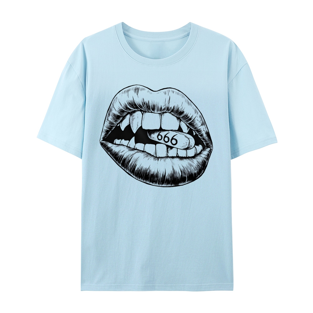Gothic Lips and Pill Graphic Round Neck Cotton T-Shirt