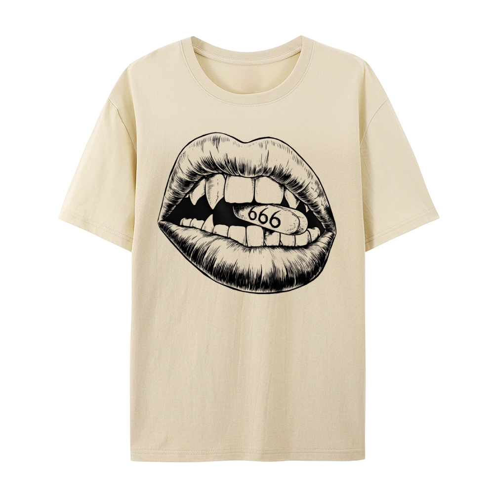 Gothic Lips and Pill Graphic Round Neck Cotton T-Shirt