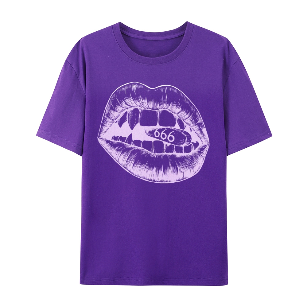 Gothic Lips and Pill Graphic Round Neck Cotton T-Shirt