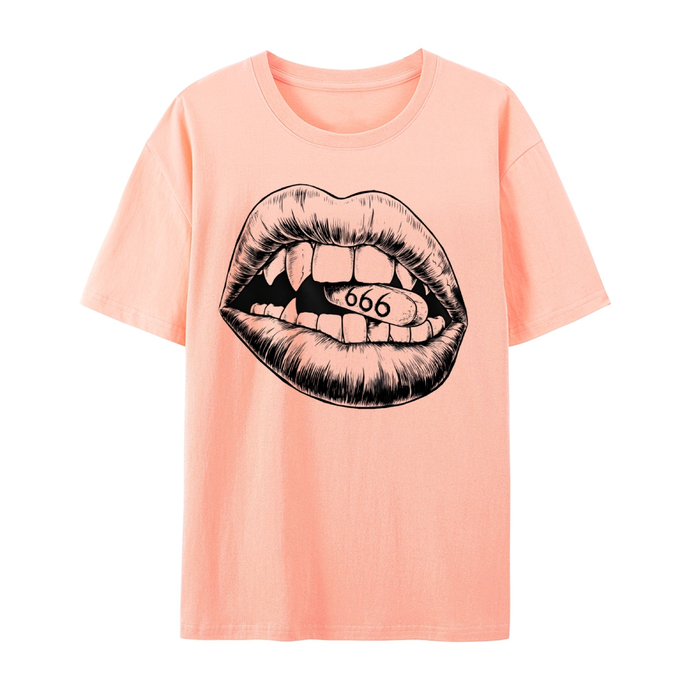 Gothic Lips and Pill Graphic Round Neck Cotton T-Shirt