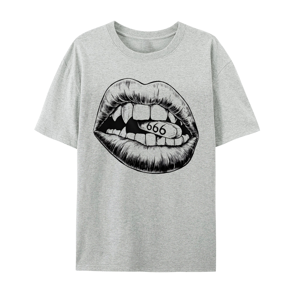 Gothic Lips and Pill Graphic Round Neck Cotton T-Shirt