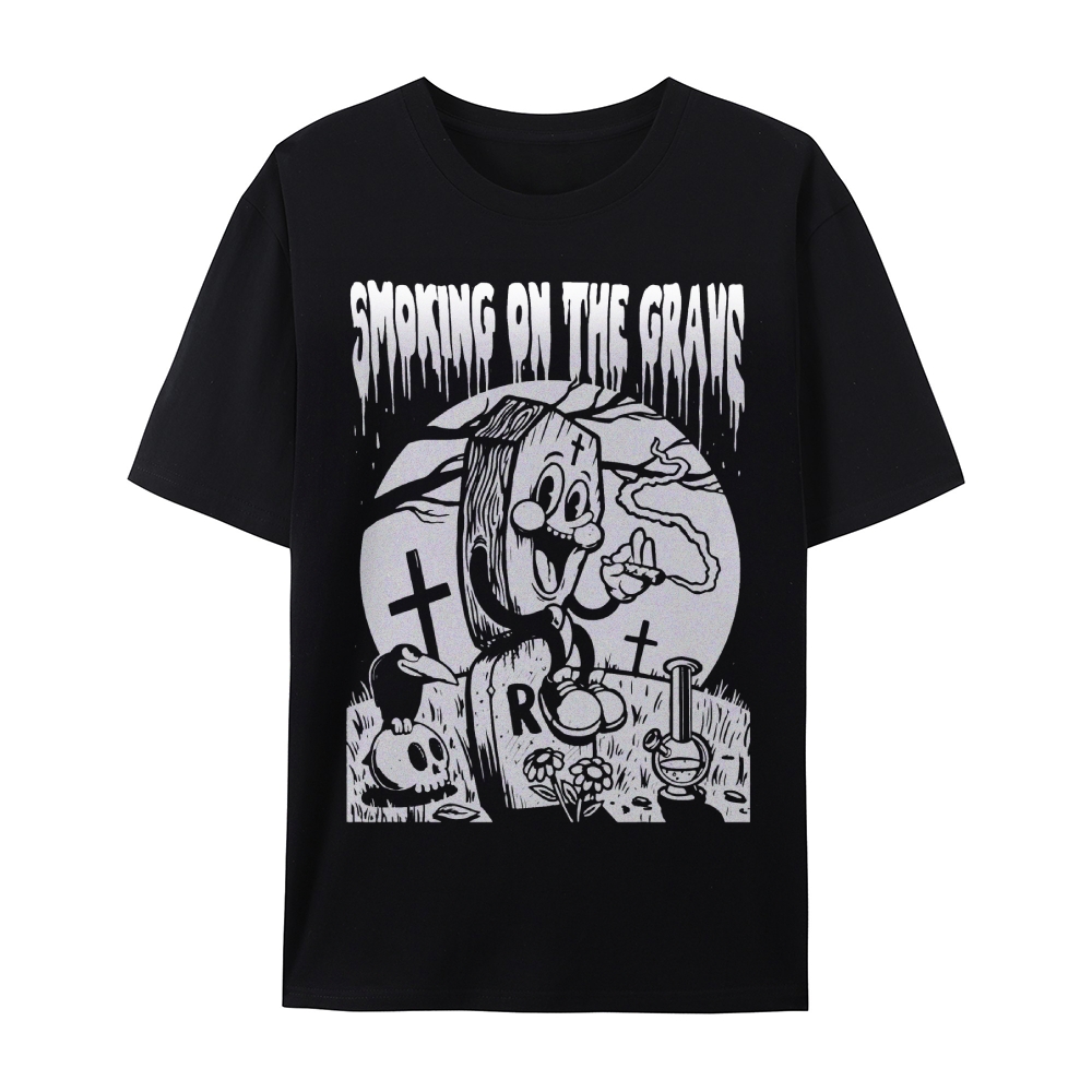 Gothic Gravestone Print Round Neck Cotton T-Shirt
